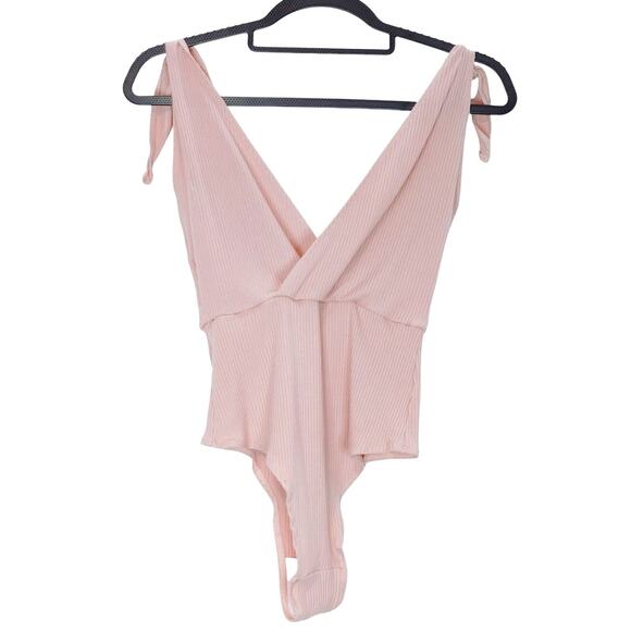 Reformation Macey Bodysuit Sleeveless Tie Shoulder Ribbed Soft Pink Womens Sz S - Picture 3 of 10